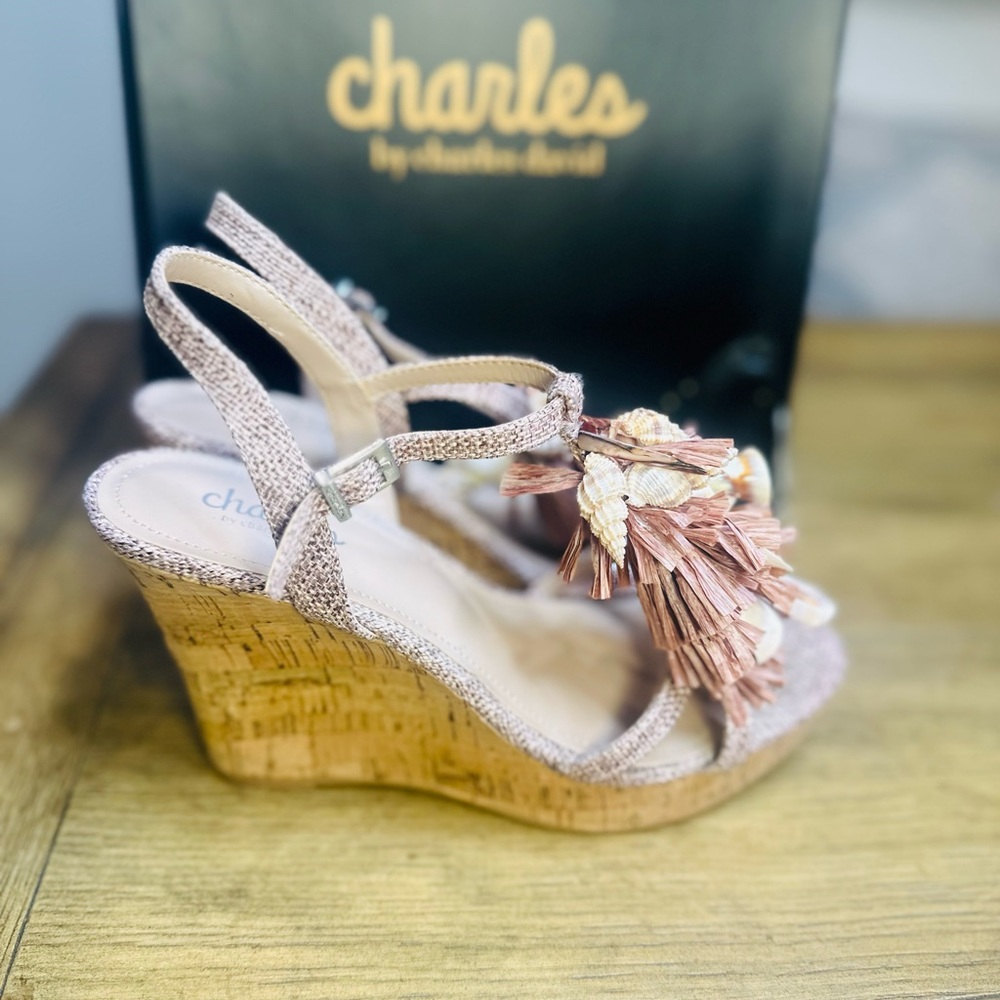 Charles David La Jolla Dark Blush Floral Raffia T-strap Wedge Platform Sandal - Picture 3 of 7